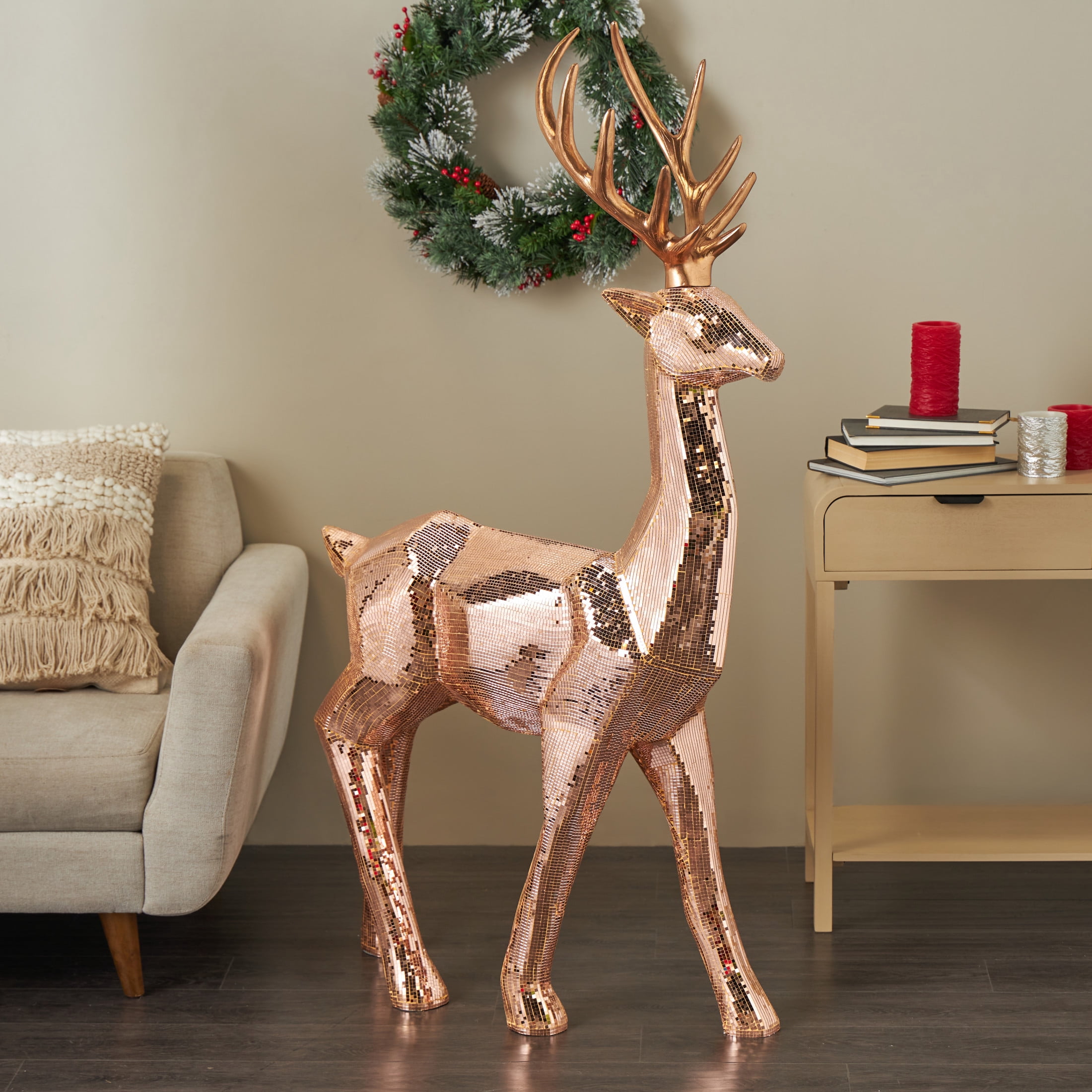 34" x 61" Copper Fiberglass Floor Reindeer Christmas Sculpture with Mosaic Pattern, by DecMode