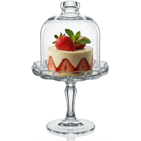 Glass Mini Cake Stand with Clear Dome Lid, Elegant Pedestal Cupcake Stand, Clear Glass Cake Dome for Cake Storage, Afternoon Tea Dessert Stand