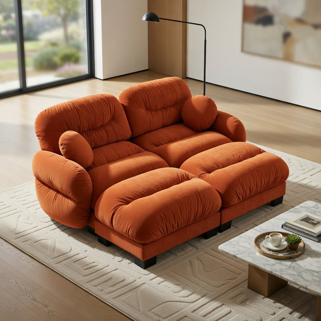 Hommoo Chenille 2-Seater Modular L-Shaped Sectional Sofa with Ergonomic Foam, Curved Armrests, 2 Ottomans & Throw Pillows, Pleated Back Design, Orange