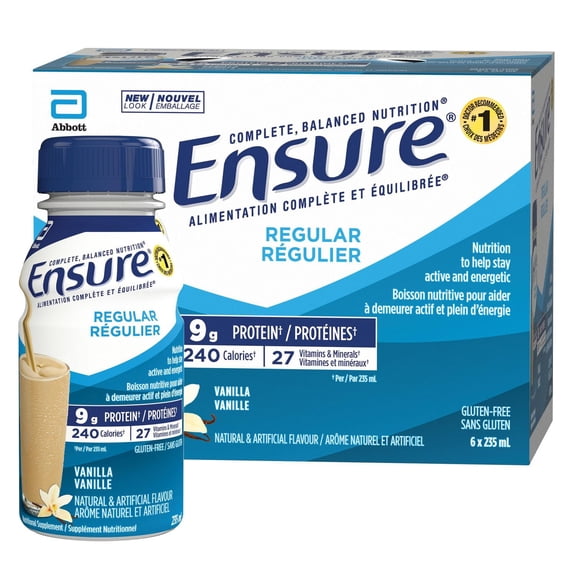 Ensure Régulier, Boisson Nutritive, Supplément Nutritionnel, Nutrition pour Aider à Demeurer Actif et Plein d'Énergie, Vanille, 6 x 235-mL Bouteilles