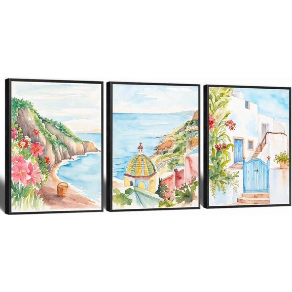 Three vintage pink watercolor canvas wall art prints, pastel-toned poster canvases, watercolor paintings, church street scene murals, bedroom decor home wall decor