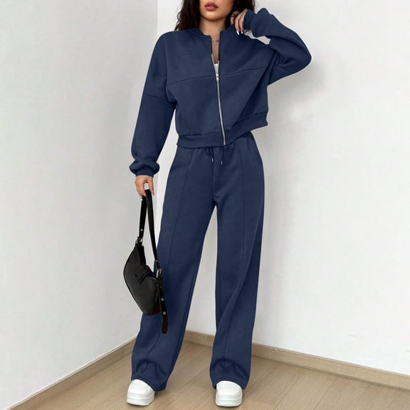 Women's 2 Piece Outfits Oversized Sweatsuit Zip Up Long Sleeve Sweatshirt with Wide Leg Sweatpants Dark Blue XL