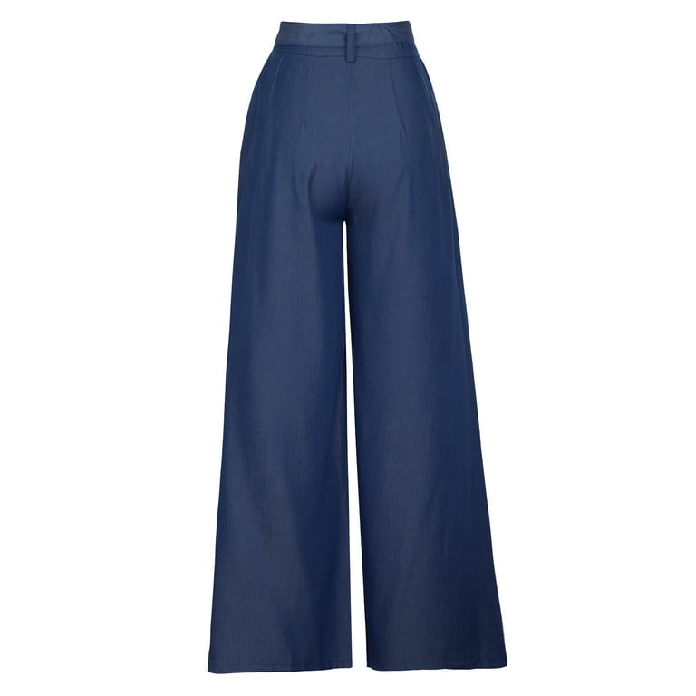 Hvyesh Jeans Women Plus Size Wide Leg Fashion Ladies Summer Casual Loose Button  Zipper Pocket Solid Trousers Bandage Pants 