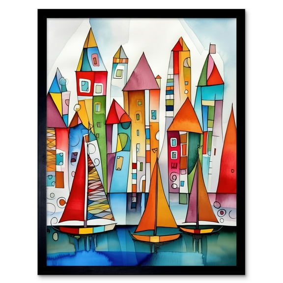 Modern Marina Colourful Port Folk Art Watercolour Painting Art Print Framed Poster Wall Decor 12x16 inch