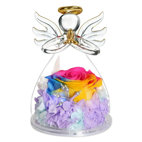 Figuras de ángel con flores preservadas, rosas en cristal, incrustadas