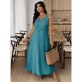 thumbnail image 4 of Teal Blue Plus Size Women V-Neck Sleeveless Loose Casual Maxi Dress With Decorative Buttons, 4 of 4