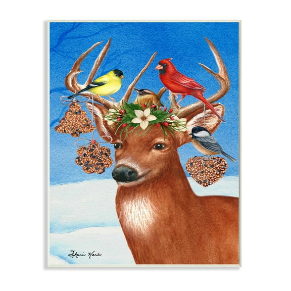 Stupell Industries Winter Reindeer Antler Ornaments with Birds Paintings Unframed Art Print Wall Art, 10x15, by Sheri Hart