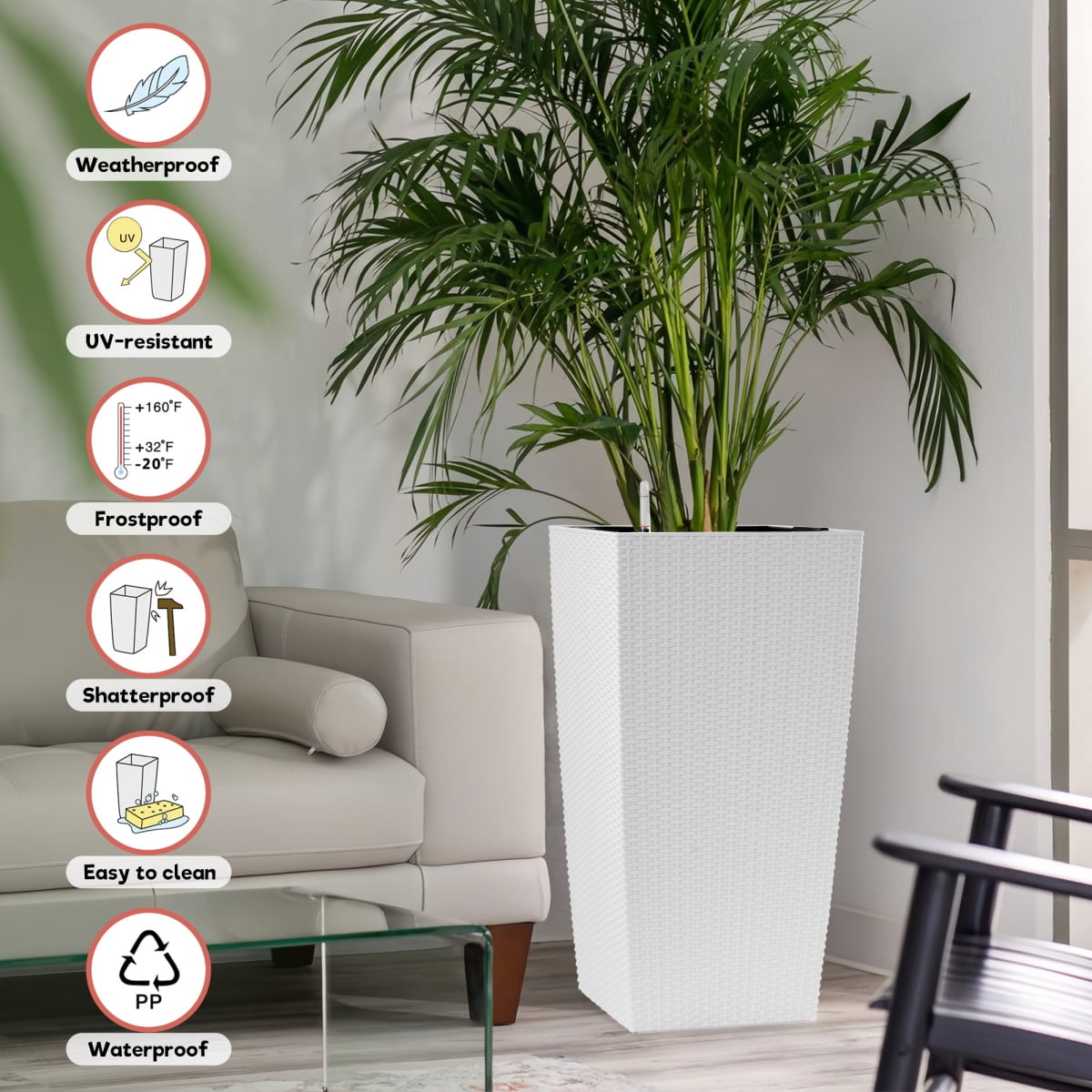 Set of 2 30 Inch Tall Large Flower Pots Self Watering Planters with Drain Holes Water Level Monitor Inner Bucket White