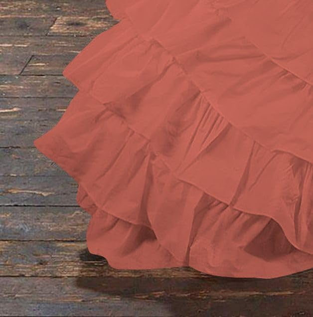 D.N.G. BEDDINGS 5 Piece 100% Egyptian Cotton Circle Ruffle Comforter Set, 550 GSM Filled Microfiber - Oversized Super King Size, Brick Red Color - 800 Thread Count