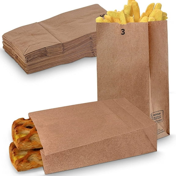 MT Products Brown Paper Bags 3 lb - Paper Lunch Bags Fold Top - Pack of 100