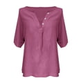 thumbnail image 3 of Pxiakgy Linen Shirts for Women Mid Sleeve Cotton Linen Solid Color Door Bottle V Neck Shirt Mid Sleeve T Shirt Summer Loose Fit Short Sleeve Button Down Shirts for Women, 3 of 5