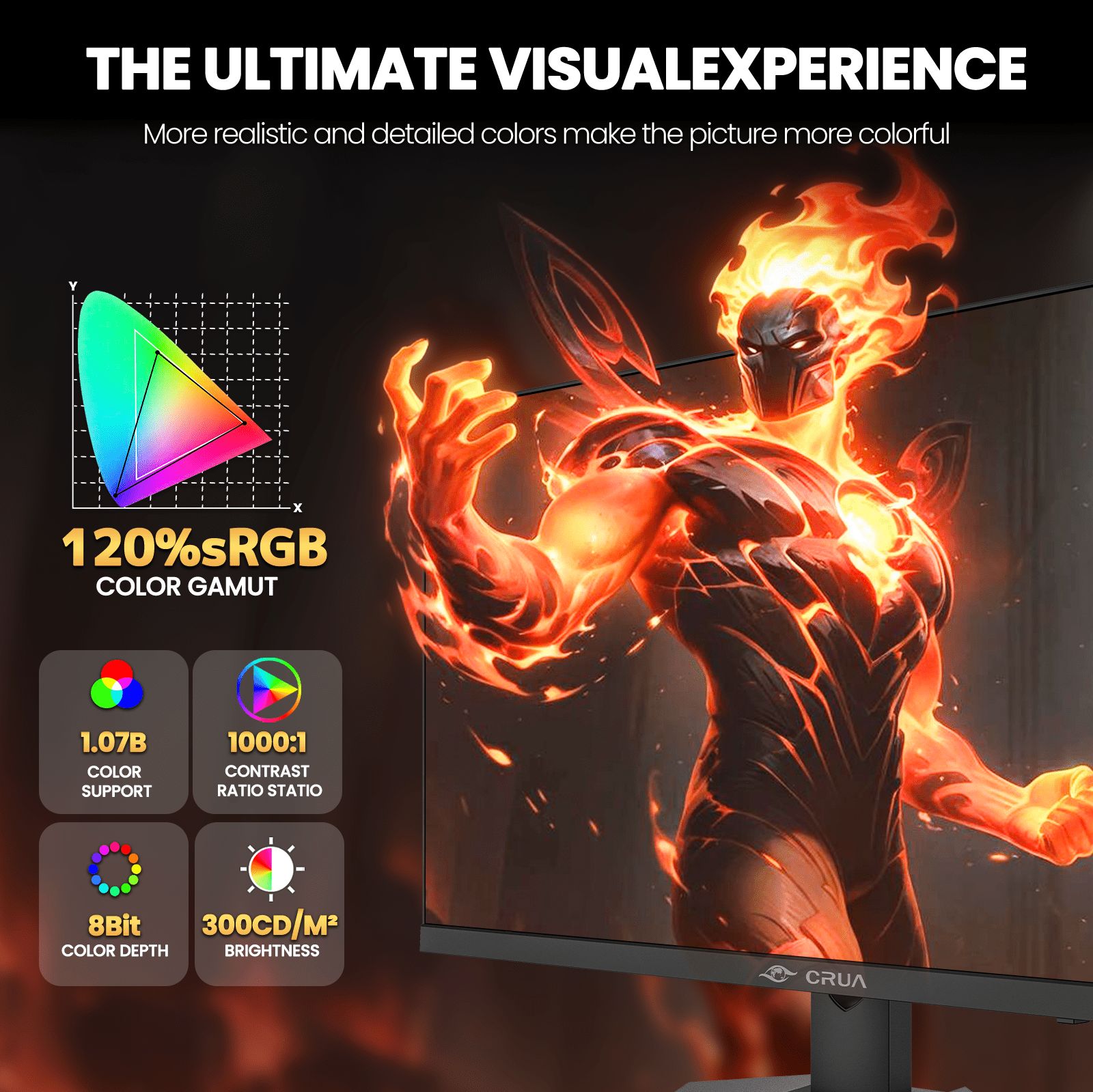 CRUA 27" 160Hz Gaming Monitor, IPS UHD(3840x2160P), 120% SRGB, Support FreeSync, Height adjustable, Lighting effects, Built-in Speakers, HDMI & DP, Black