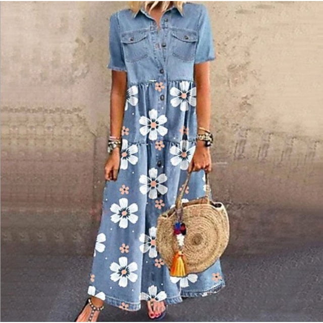 EIMELI Robe Chemise Longue Maxi Grande Taille pour Femmes, Robe Tunique en Denim à Boutons, Robe Chemise Kaftan, Robe Ample Évasée, Bleu Foncé 3TG