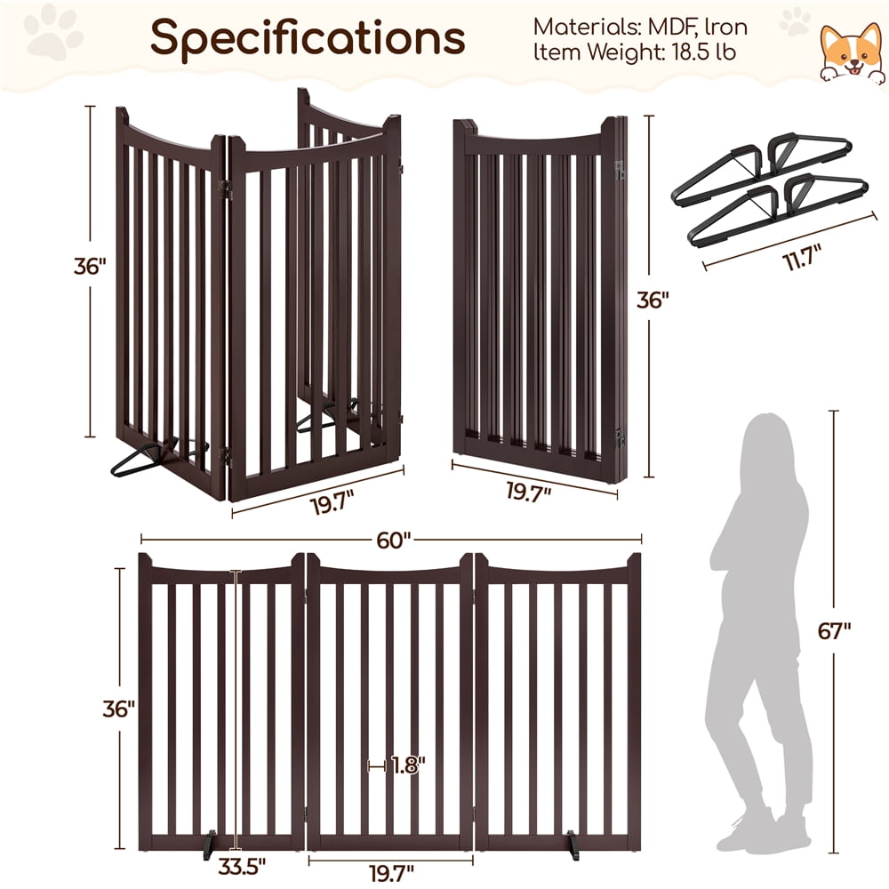 Yaheetech 35.6" Tall 3-Panel Wooden Pet Gate with Support Feet, Espresso