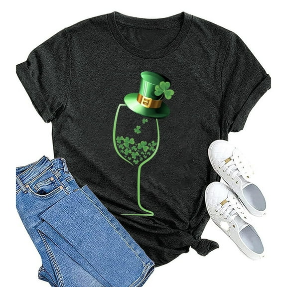Baqcunre T Shirts for Women,Wine Glass Print Round Neck Short Sleeve T Shirt Top,St. Patrick's Day Shirts for Women Womens Tops,Graphic Tees for Women Black S-3XL