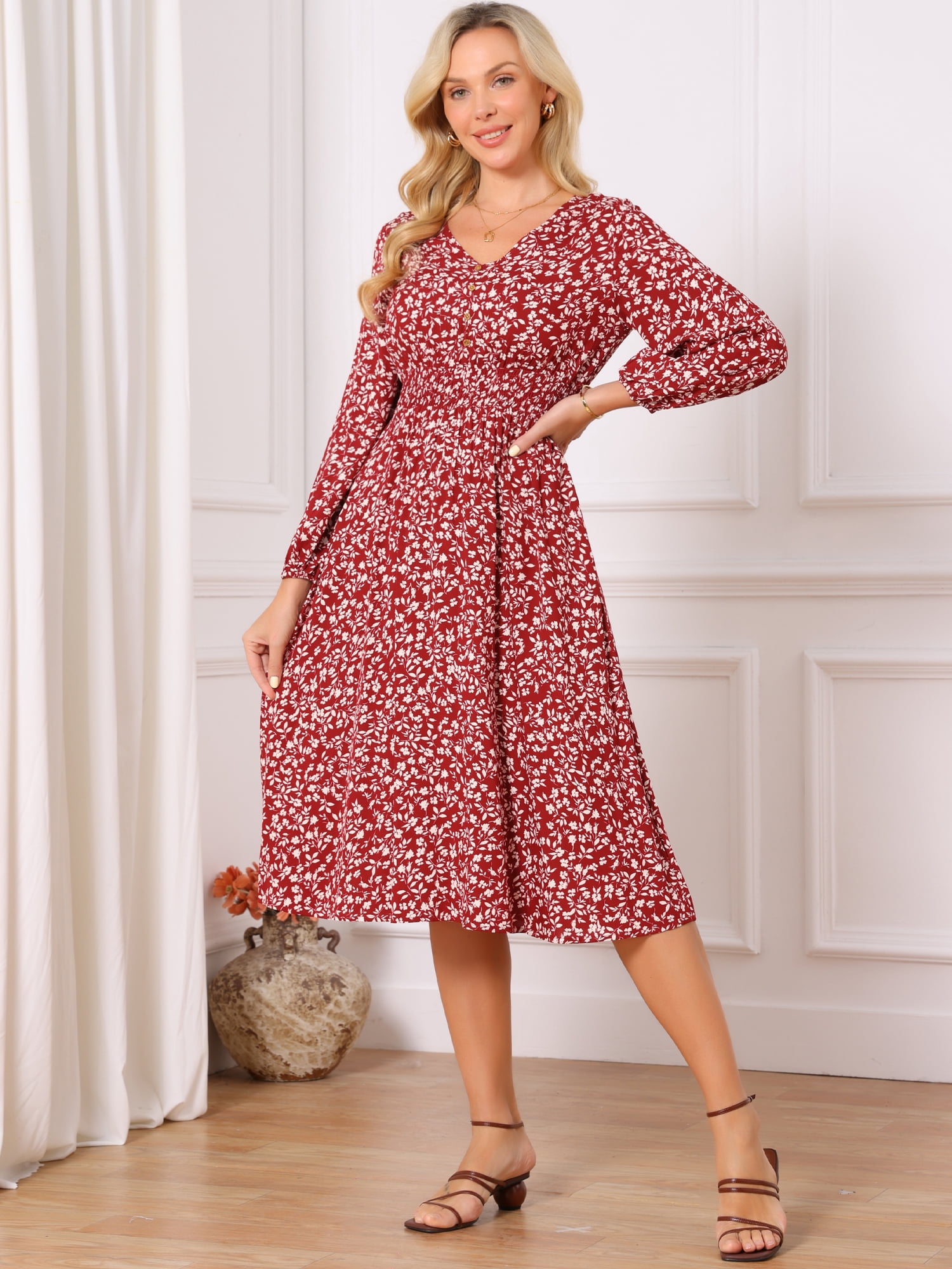 DARING DIVA Fall Long Sleeve Midi Floral Boho Dress L Red
