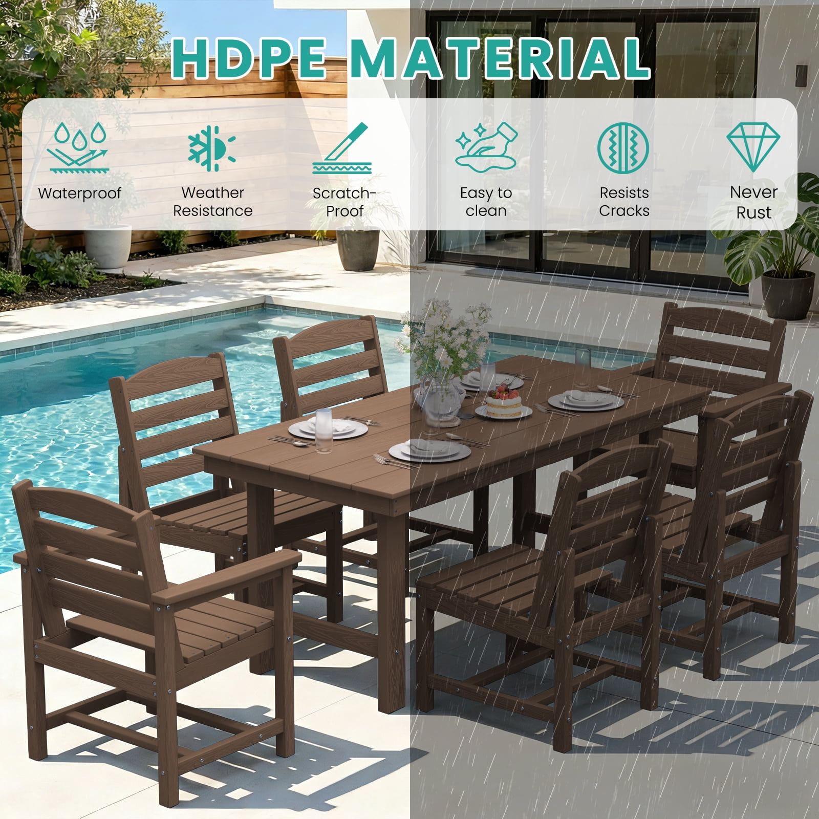 LOYALICE 7 PC Outdoor Patio Furniture Set, Patio Dining Sets, 6 Chairs and 1 Table, Brown