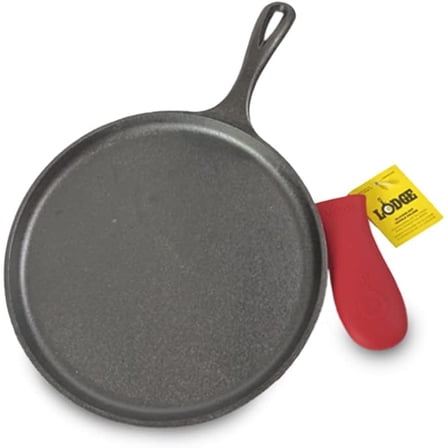 Cast Iron Round Griddle with Red Silicone Hot Handle Holder, 10.5-inch