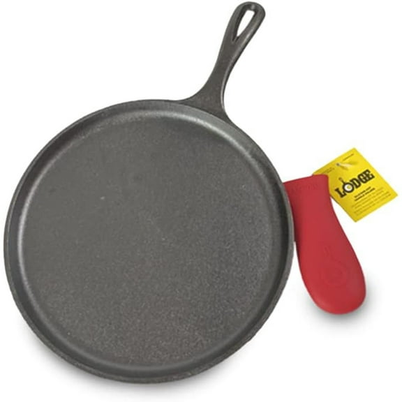 Cast Iron Round Griddle with Red Silicone Hot Handle Holder, 10.5-inch