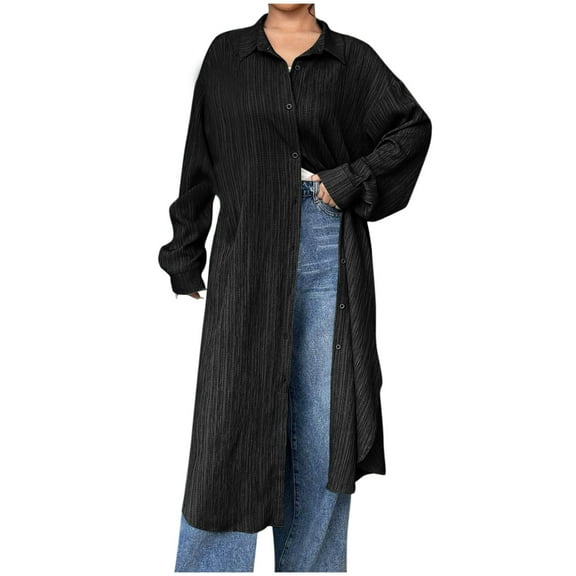 Atogsazn Womens Cotton Long Shirt Casual Summer Button Long Sleeve Cardigan Shirts Fashion Loose Top Clothes Black XXXL