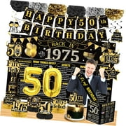 SKYSONIC 50th Birthday Decor for Men and Women, 35PCS Vintage 1975 Theme 50th Birthday Backdrop, Banners, Cake Topper, Balloons, Paper Poms, Honeycomb Centerpieces, Supplies for 50th Anniversary