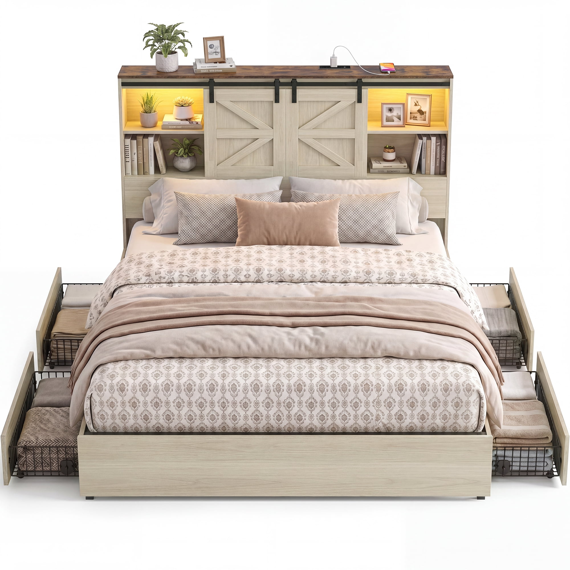 Uforic King Size Farmhouse Platform Bed Frame with Sliding Barn Door, 4 Wheeled Underbed Storage Drawers, No Box Spring Required, White