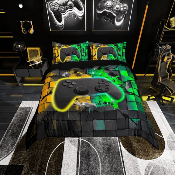 Erosebridal Black Gamepads Comforter Cover Twin,Video Game Bedding Twin Size,Golden Green Duvet Cover Twin,Microfiber Gamer Room Decor,Reversible,3pcs(No Comforter)