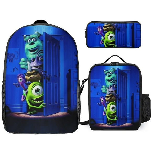Monsters Inc Backpacks 3 Piece Set cartoon backpack with Lunch Bag And Pencil Case, Monsters Backpack Set with Lunch Bag Pencil Bag