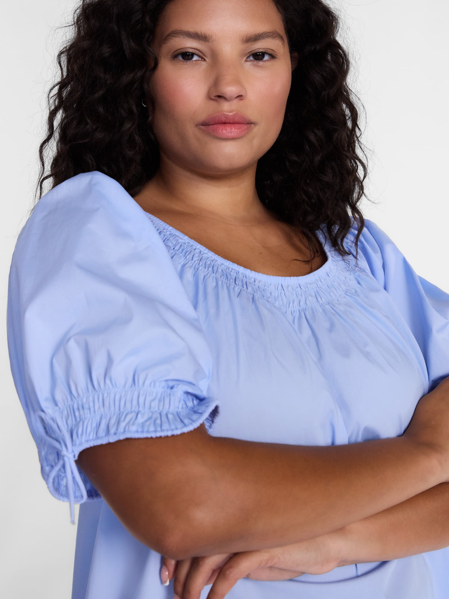 Terra & Sky Women's Plus Scoop Neck Top with Short Tie Puff Sleeves, Sizes 0X-5X