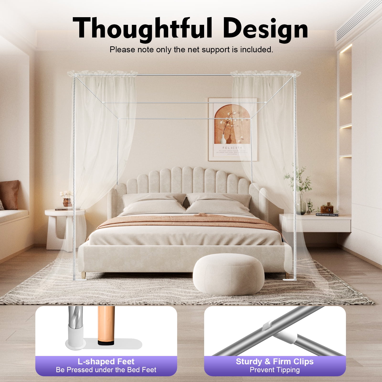 6.56*6.56*6.56ft 4 Corner Bed Canopy Frame Stainless Steel Post Mosquito Netting Curtain Brackets
