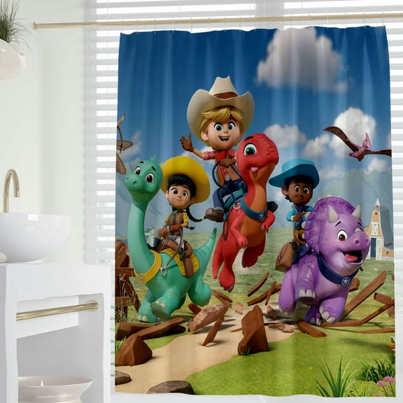 Cartoon For Dino Ranch Themed Shower Curtain for Bathroom Decor,Durable Waterproof Polyester Fabric,72x72 Inch with 12 Pack Hooks Washable Curtain Set