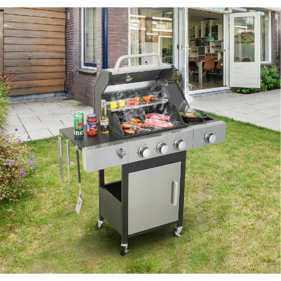 3-Burner Propane Gas BBQ Grill with Side Burner, 37230BTU Output With Enameled Cast Iron Cooking Grids For Outdoor Barbecue, Stainless Steel