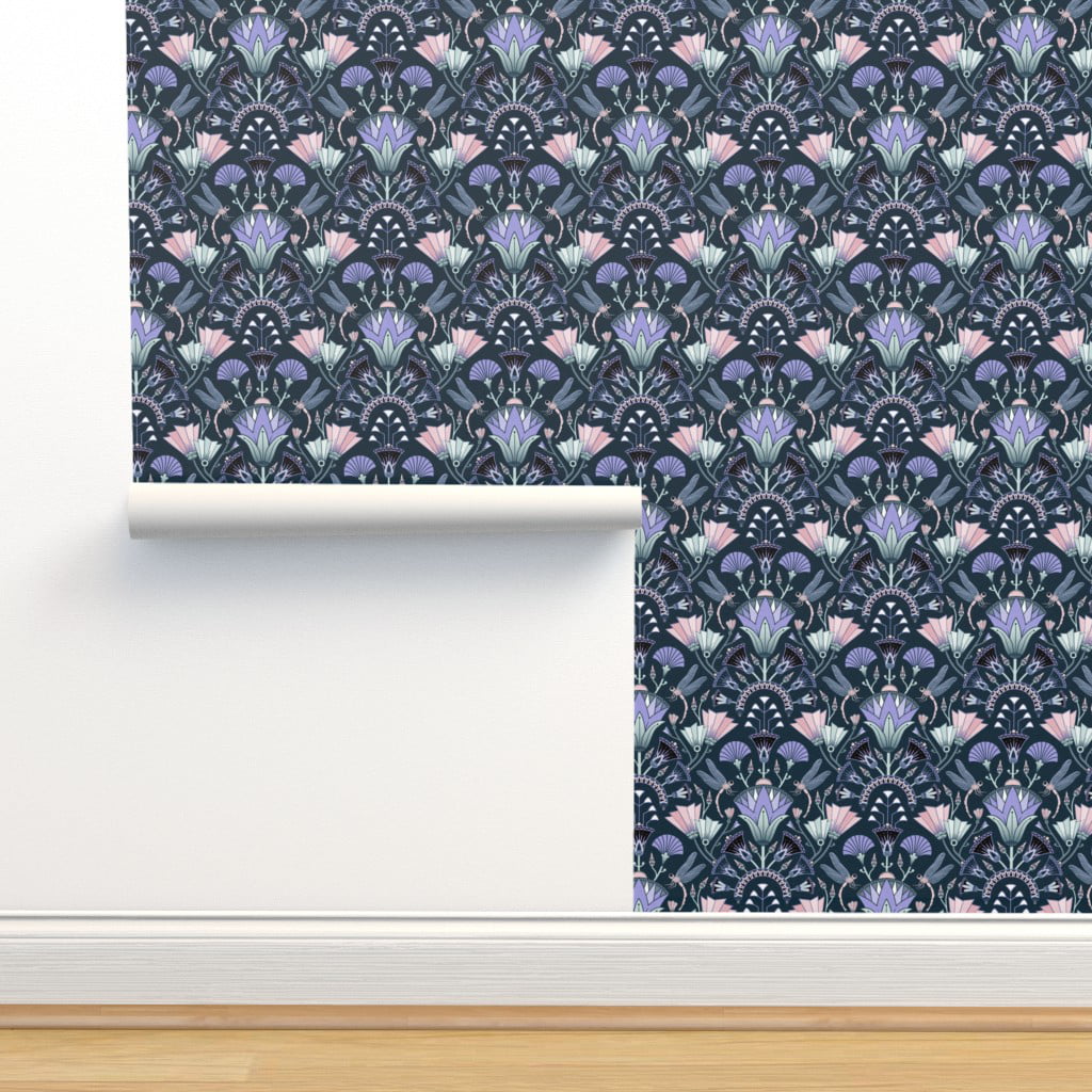 Commercial Grade Wallpaper Swatch - Art Deco Dragonflies Lotus Flowers Egyptian  Style Traditional Wallpaper by Spoonflower 