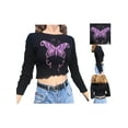 thumbnail image 5 of Seyurigaoka Women Juniors Fashion Crop Tops, Butterfly Print Long Sleeve Round Neck T-shirt, 5 of 9