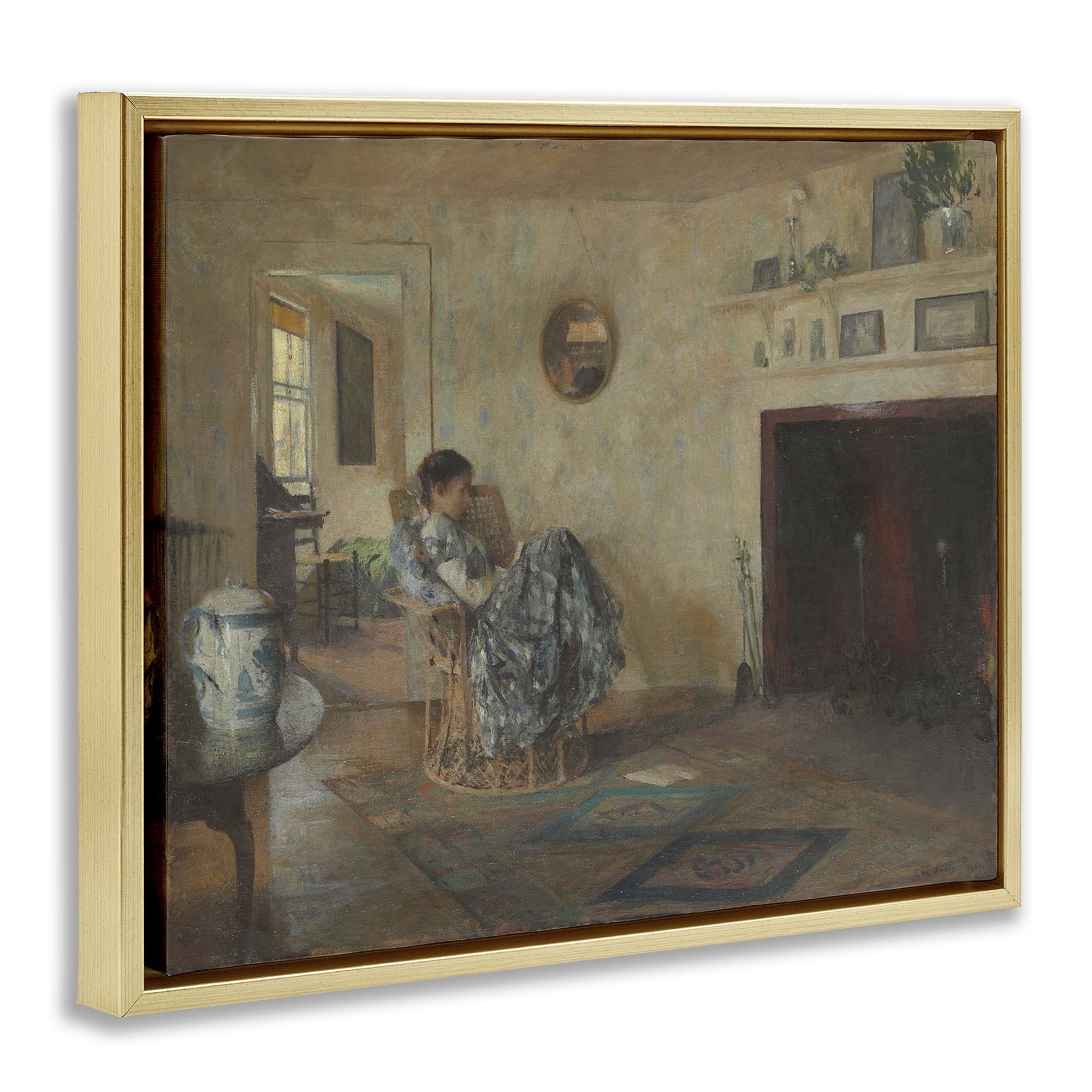 Stupell Industries Classical Rainy Day Girl People Painting Gold Floater Framed Canvas Art Print Wall Art, 31 x 25