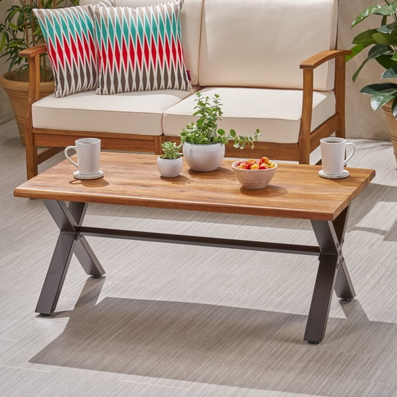 LiviNest Outdoor Coffee Table with X-Shaped Legs: Durable Acacia Wood & Rustic Metal Design for Patio & Backyard - Industrial Style Furniture 43.25" L x 27.25" W