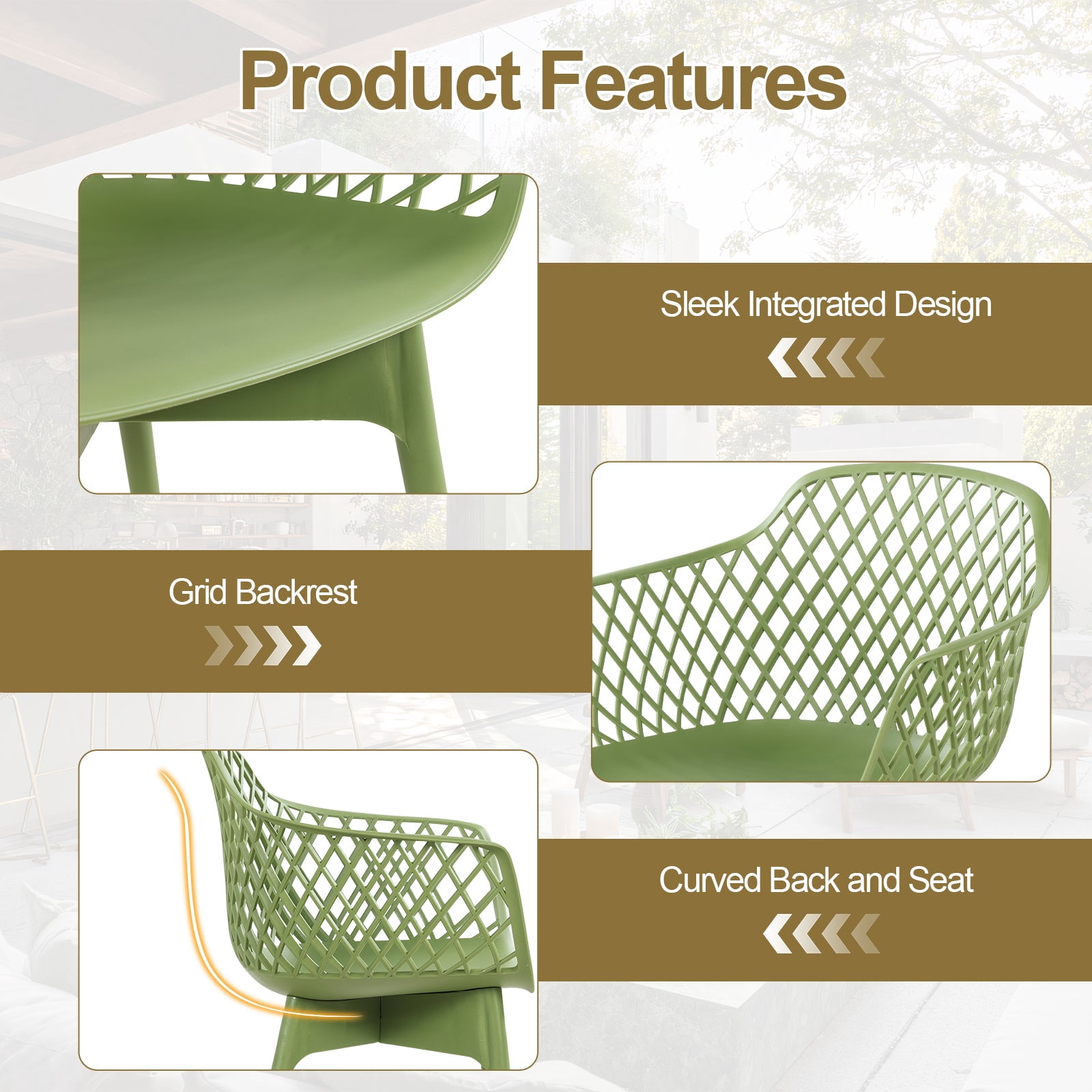 Aoodor Modern Dining Chairs Set of 2, Weather-Resistant Plastic Cafe Chairs with Ergonomic Back and Non-Slip Pad, Suitable for Patio, Restaurant, Yard, Porch, Balcony, Green