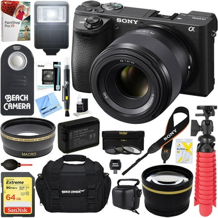Sony ILCE-6500 a6500 4K Mirrorless Camera Body + 50mm E-Mount Lens + 64GB Memory Card + Large Gadget Camera Bag + PaintShop Pro + Slave Flash + Remote + Microfiber Cloth + Lens Cleaning Pen +