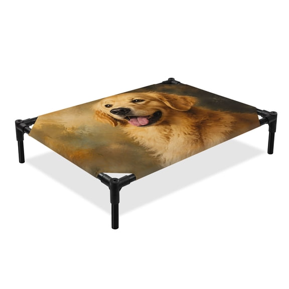 Golden Retriever Elevated Dog Bed, Rustic Country Dog Oil Painting Texture Cooling Breathable Outdoor Raised Dog Cot Bed with Metal Frame Non-Slip Feet for Large Dog 28x22in