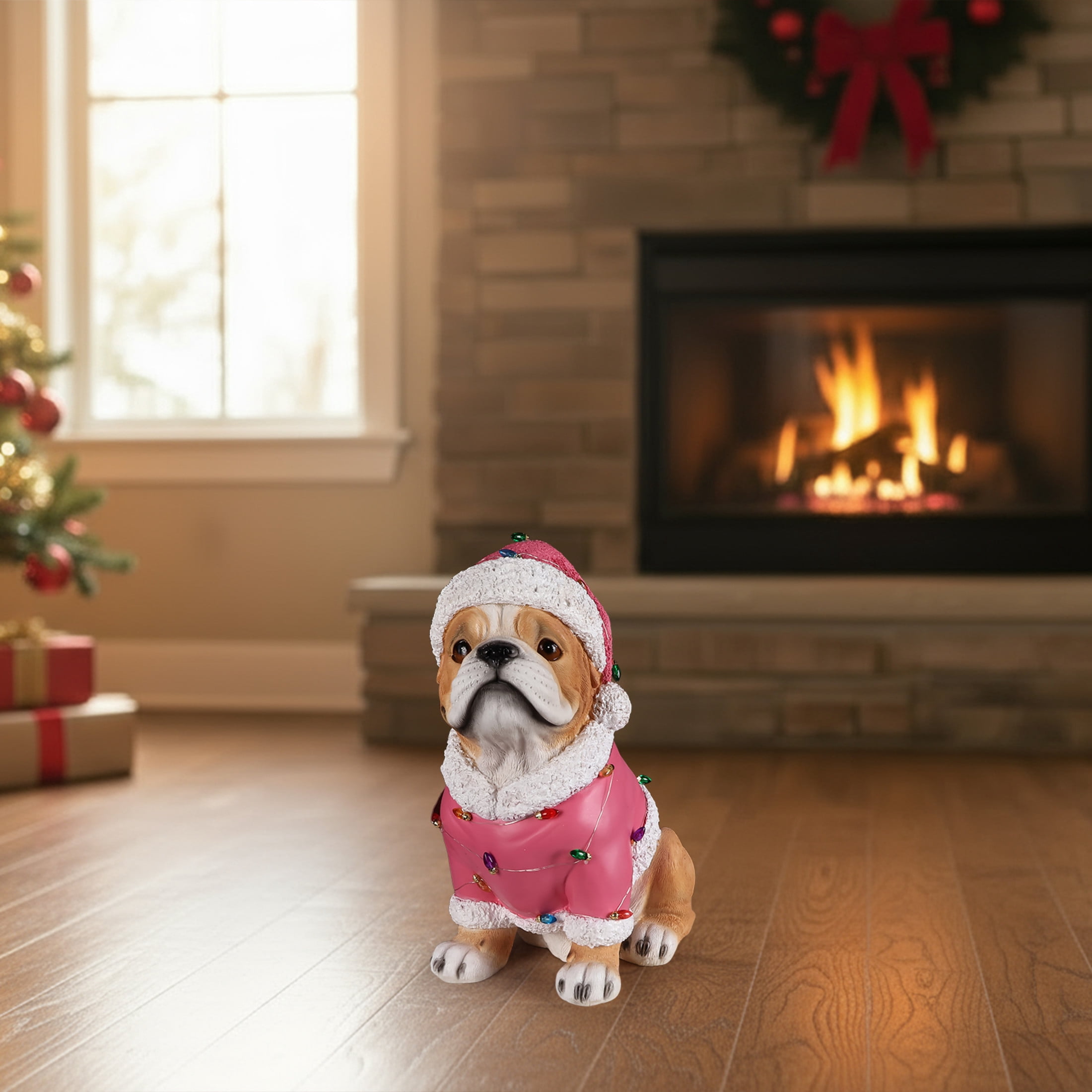 Noble House Christmas Pug Statue, Cheerful Holiday Dog Figurine in Santa Outfit, Brown Fur & Pink Shirt