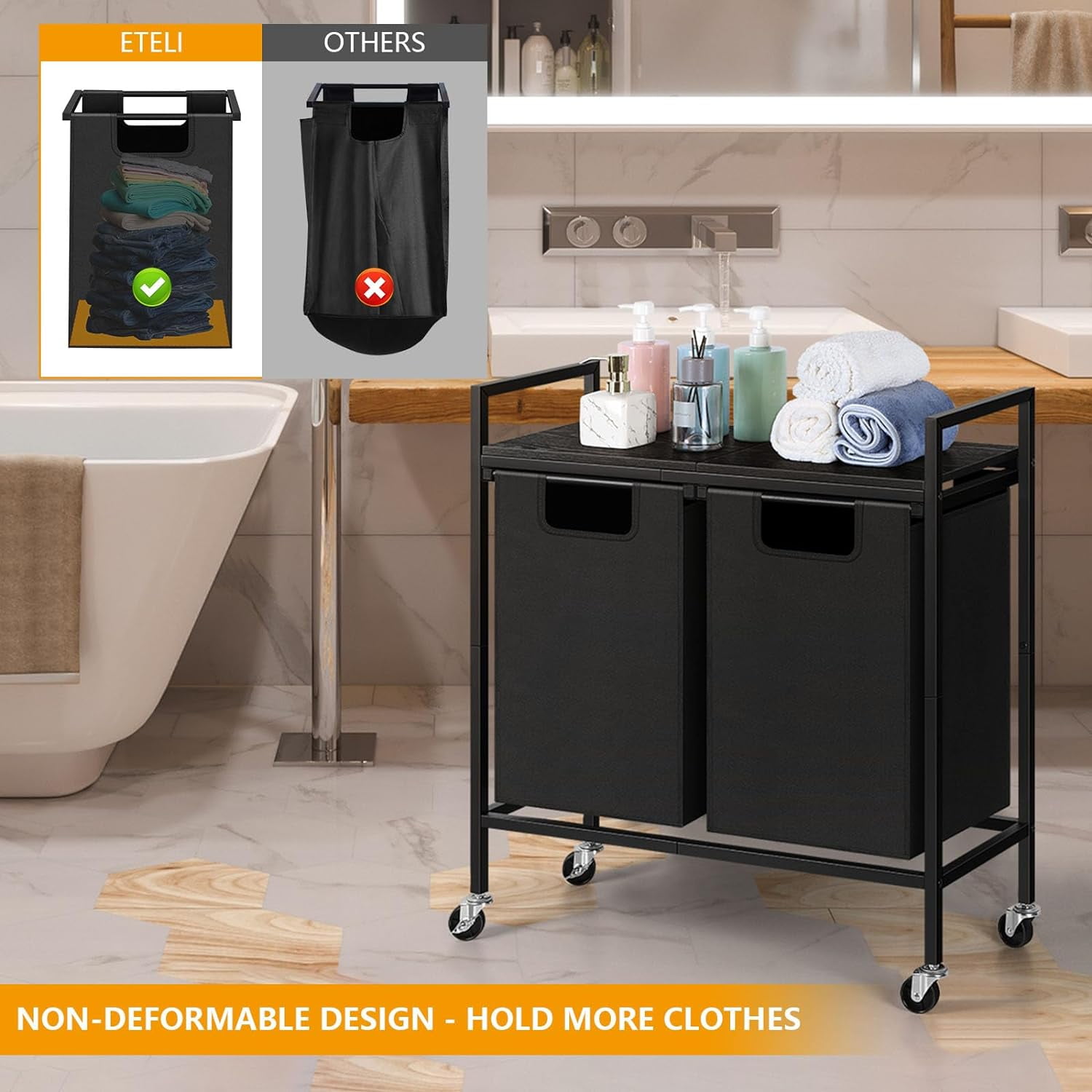 Oumilen Removable Bag 2-Bins Metal Laundry Sorter with Wood Shelf, Black