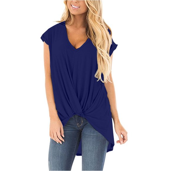 Yubnlvae 2025 European & American Women's Short-Sleeved V-Neck T-Shirt Trendy Solid Color Twist Front T-Shirt for Women (Blue | S)
