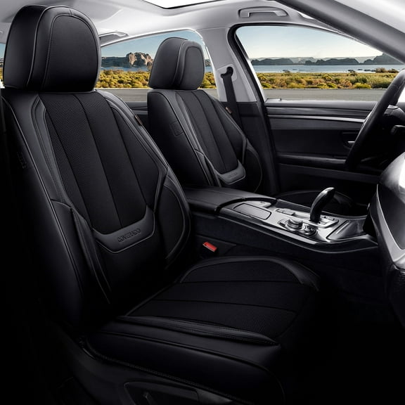 Coverado Front Seat Covers 2 PCS, Black Breathable Fabric & Leather Car Seat Protectors, Universal Auto Interior Cushions Fit Most Sedans SUV Pick-up Truck