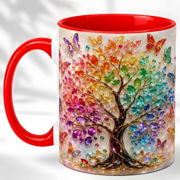 Gemstone Tree Coffee Mug, Rainbow Butterfly Mug, Ceramic Cup