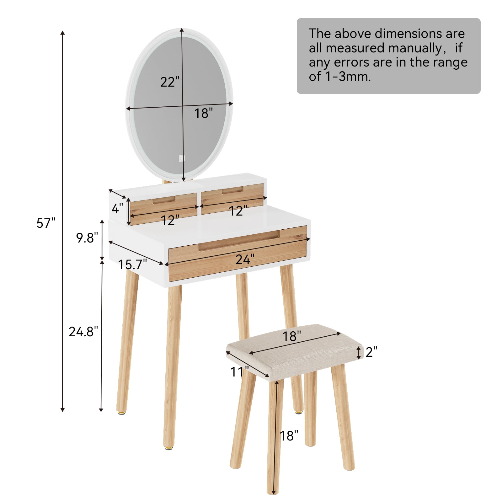 ELECWISH 24'' Small Makeup Vanity With Adjustable Brightness Mirror, Vanity Desk with Storage Drawers and Cushioned Stool