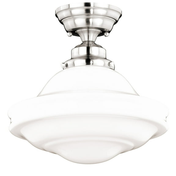 Huntley 12-in W Satin Nickel Farmhouse Schoolhouse Semi Flush Mount Ceiling Light White Glass