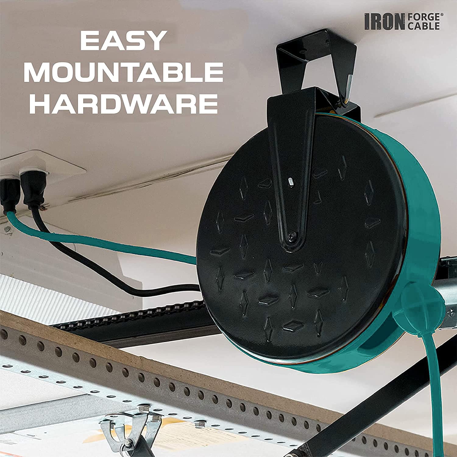 30Ft Retractable Extension Cord Reel with Breaker Switch & 3 Electrical Power Outlets - 16/3 SJTW Durable Teal Cable - Perfect for Hanging from Your Garage Ceiling