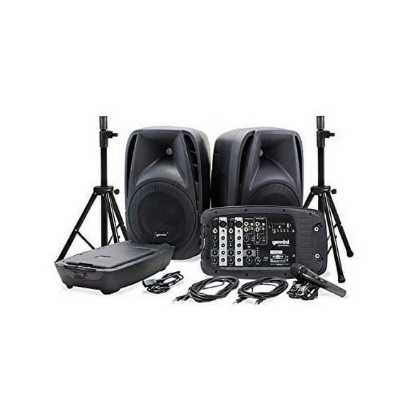 Gemini ES-210MXBLU-ST Dual 10" Portable PA System with 8-Channel Mixer, Bluetooth, USB/SD Media Player, Microphone, Stands & Storage – 600W Peak Power