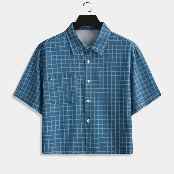 HOMADLES Mens Button Down T Shirt for Men Short Sleeve Shirts Men Summer Plaid Shirt Casual Tee, Navy XL