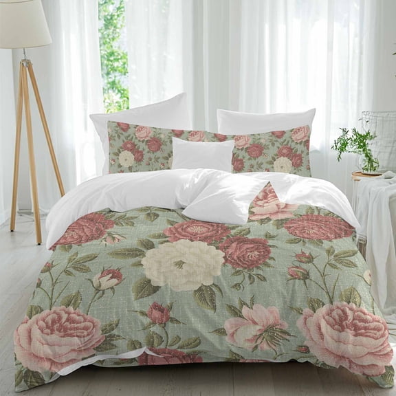 Spring Pink Roses Full Size Comforter Set, Flowers Retro Countryside Bedding for All Seasons, 4 Pcs Bed Set, 1Quiltcover (86"x86") ,1Sheet(80"x116"), 2Pillowcases (30"x20")